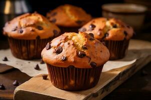 Freshly baked chocolate chip muffin photo