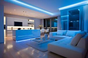 Modern luxury apartment with bright blue light photo