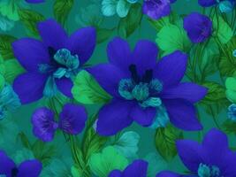 Seamless pattern with blue flowers on a green background. Hand-drawn illustration. with Generative AI photo