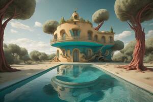 House with swiming pool illustration, generative AI photo