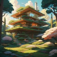 House with swiming pool illustration, generative AI photo
