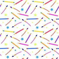 Funny colorful seamless pattern with school supplies and creative elements. Back to school on white background. vector