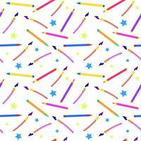 Funny colorful seamless pattern with school supplies and creative elements. Back to school on white background. vector