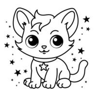Cute cat coloring page for kids. Cartoon fluffy cat illustration. vector