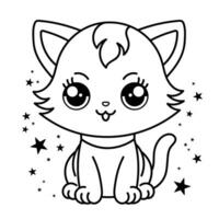 Cute cat coloring page for kids. Cartoon fluffy cat illustration. vector