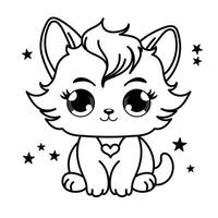 Cute cat coloring page for kids. Cartoon fluffy cat illustration. vector