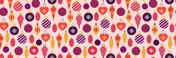 Christmas seamless pattern with Christmas tree toys and snowflakes. Vector festive background