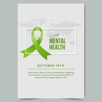 World Mental Health Day October 10th poster illustration with green ribbon and frame on isolated background vector