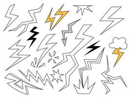 Set of thunderbolt element. Hand drawn doodle style collection of different electric lightning bolt vector