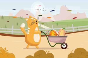 Cute illustration of a yellow cat pushing the wheelbarrow filled with pumpkins. Autumn illustration with a cat vector