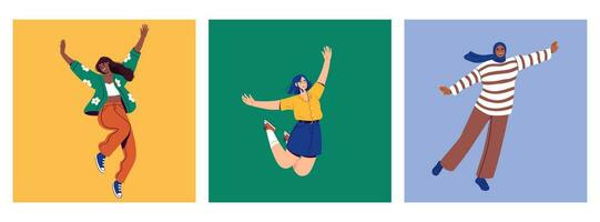 Female characters jump in different poses. Celebration, success, achievement, win concept. Vector illustration.