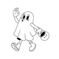 Groovy retro cartoon ghost character in line style. Cute ghost with a pumpkin. Vintage vector illustration.