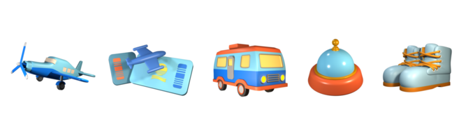 3D icon world tourism day collection rendered isolated on the transparent background. desk bell, hiking boot, airplane, airplane boarding pass, and caravan van object for your design. png