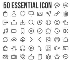 Essential icon set, in line style in pixel perfect. for the needs of user interfaces, websites, and technology applications. Includes home, like, multimedia, social media, bookmark, and navigation. vector