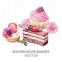 watercolor bakery vector set of cake, cupcake, and berry