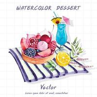 watercolor dessert with strawberries and lemon slices vector