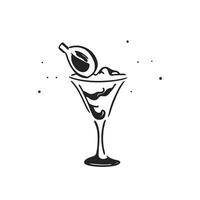 Cocktail glass, doodle style. Cocktail vector black and white illustration. .