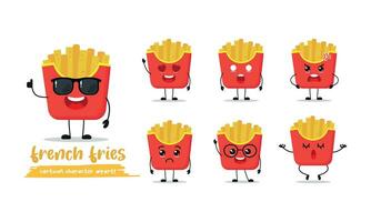 cute potato fries cartoon with many expressions. chips different activity pose vector illustration flat design set with sunglasses.