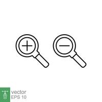 Zoom in and zoom out icons. Simple outline style. Magnifying glass, find, plus, minus, enlarge, reduce, search concept. Thin line symbol. Vector illustration isolated on white background. EPS 10.