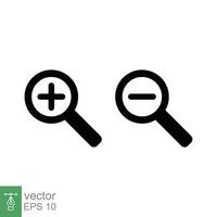 Zoom in and zoom out icons. Simple flat, solid style. Magnifying glass, find, plus, minus, search concept. Black silhouette, glyph symbol. Vector illustration isolated on white background. EPS 10.