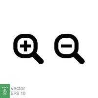 Zoom in and zoom out icons. Simple flat, solid style. Magnifying glass, find, plus, minus, search concept. Black silhouette, glyph symbol. Vector illustration isolated on white background. EPS 10.