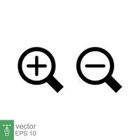 Zoom in and zoom out icons. Simple flat, solid style. Magnifying glass, find, plus, minus, search concept. Black silhouette, glyph symbol. Vector illustration isolated on white background. EPS 10.