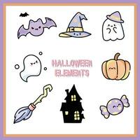 Halloween hand drawn elements set in cute kawaii style vector