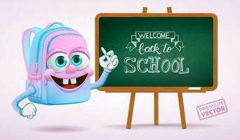 Cute smiling school bag mascot cartoon vector writing on school board, back to school