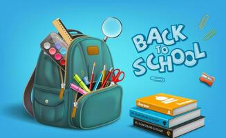 Welcome Back to School with Backpack and Notepad, Pen, Colors, Ruler, Scissors, Magnifier, Eraser, Paper Clip, Pencil Sharpener, Watercolor, Brush Supplies Vector