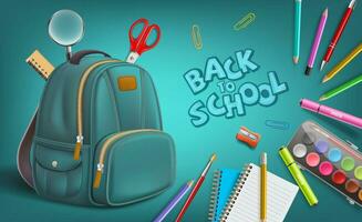 Welcome Back to School with Backpack and Notepad, Pen, Colors, Ruler, Scissors, Magnifier, Eraser, Paper Clip, Pencil Sharpener, Watercolor, Brush Supplies Vector