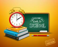 Back to school vector with alarm clock, school blackboard, book pen