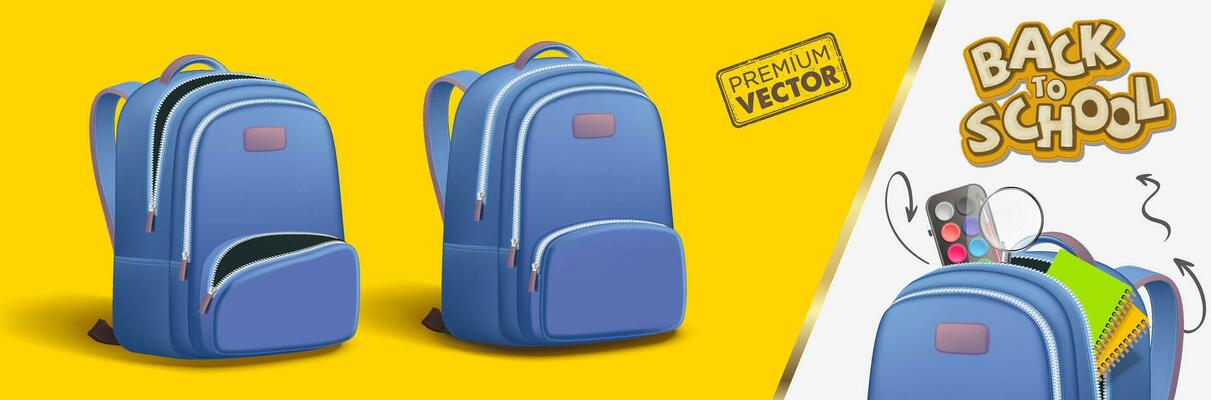 Welcome Back to School Backpack front back all angles Ruler Magnifier Orange Watercolor Blue