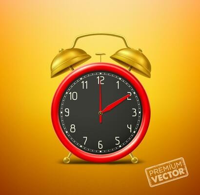 red alarm clock black dial gold bell, vector drawing