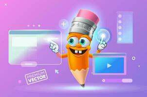 Cute Pencil character cartoon vector, Web development, programmer engineering and coding website on Augmented reality interface screens. developer project vector