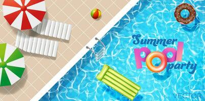 Inflatable mattress ball and pool rings in swimming pool sunbed umbrella. Poster template for summer vacation. Summer pool party. Flat style vector illustration