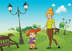 mother daughter talk psychological dialogue park garden take a walk vector