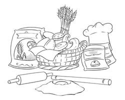 Flour sack wheat spike egg wicker basket baking powder cook hat dough roller bread varieties croissant sketch vector