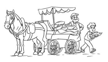 Horse carriage, uncle baker, boy taking bread to his house, storybook cartoon vector coloring book