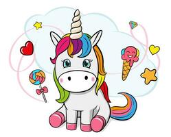 Vector Cute Cartoon Unicorns Ice Cream Heart Candy Cloud Stars