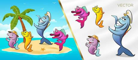 Fun fish character palm sea beach mascot cartoon vector