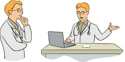 Thinking doctor and doctor using laptop at table vector