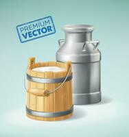 Wooden bucket with milk, milk can container  isolated 3d illustration vector