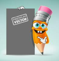 Cute Pencil character cartoon vector standing next to billboard poster banner, back to school