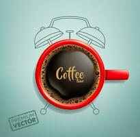 Vector drawing of foamy coffee, red alarm clock, coffee time
