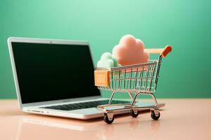 Shopping cart with cloud and laptop on table. 3D rendering. Ai generative photo