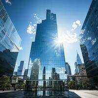 Bottom view of modern skyscrapers in business district against blue sky Ai generative photo