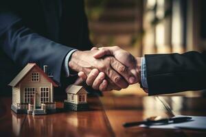 Real estate agent and customer shaking hands to sign a contract to buy a house. Ai generative photo