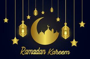 Islamic Crescent with mosque for Ramadan Kareem and Eid. Golden Half Moon pattern, background illustration. vector