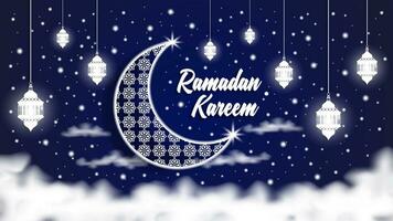 Ramadan greeting card. Illustration of a crescent and famous moon floating in the sky with background. vector illustration