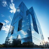 Bottom view of modern skyscrapers in business district against blue sky Ai generative photo